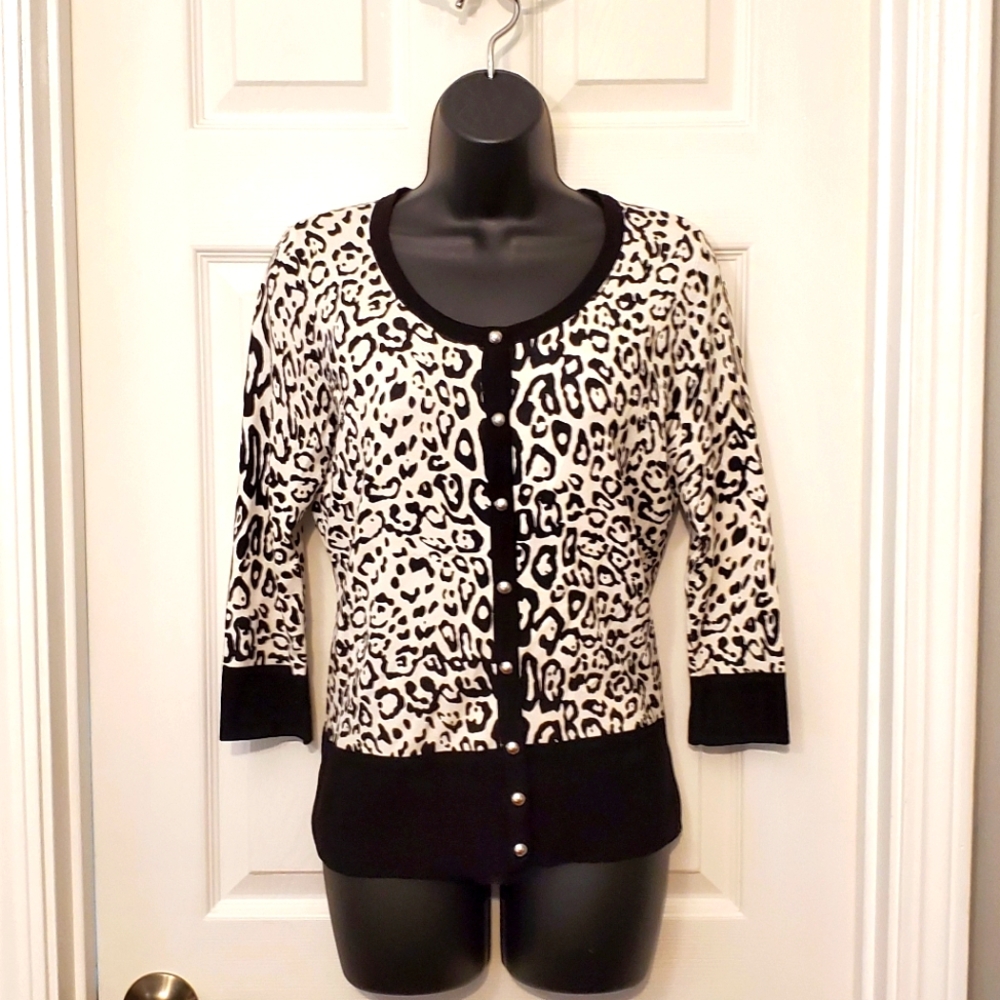 White House Black Market Black and White Leopard Print Women's Sweater Cardigan